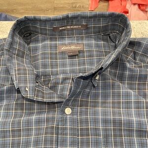 Eddie Bauer Men's Navy and Gray Plaid Shirt